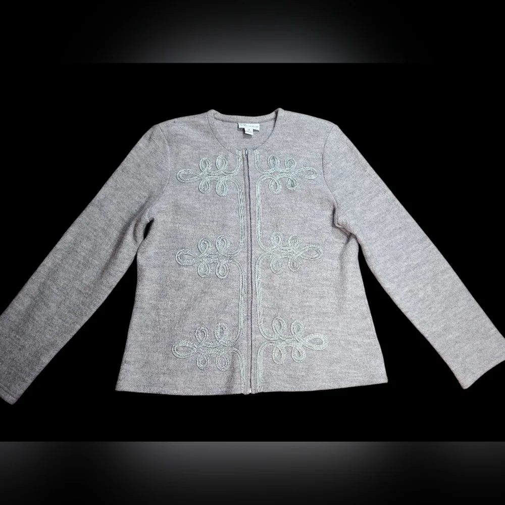 TOG Shop Gray 100% Wool Cardigan with Embroidered Design Sixe Medium